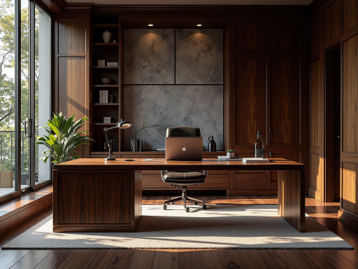 现代风格高管办公桌，胡桃木色表面，金属框架支撑，简洁线条设计，办公室环境中