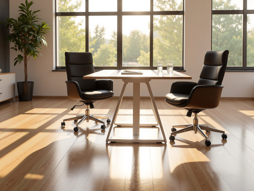 大型会议桌，深色木质桌面，金属腿支撑，可容纳八人会议，会议室环境中